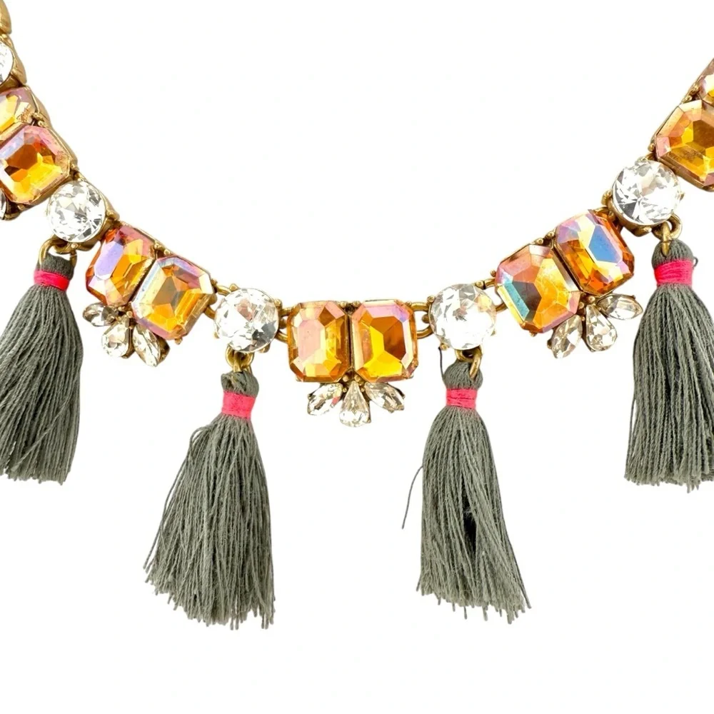 J. Crew Gold Necklace with Peach Rhinestones and Gray Tassels